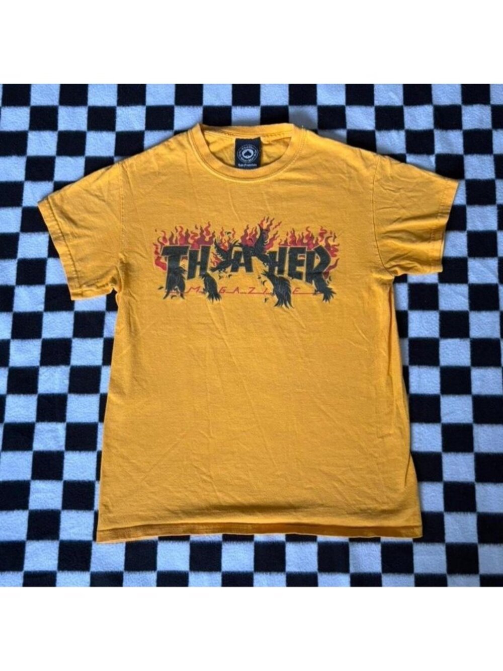 Thrasher yellow tee with black and red crow graphic